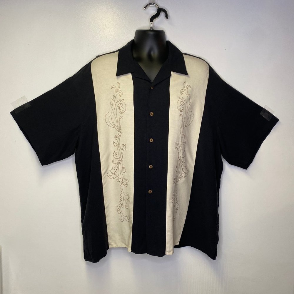 Cotton Traders Black Cream Short Sleeve Silk Shirt